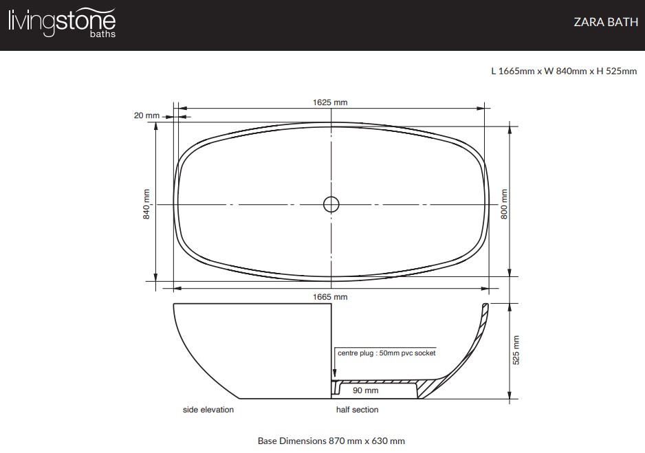 Bath Freestanding Rectangular Livingstone Zara 1665mm (L) x 840mm (W) x