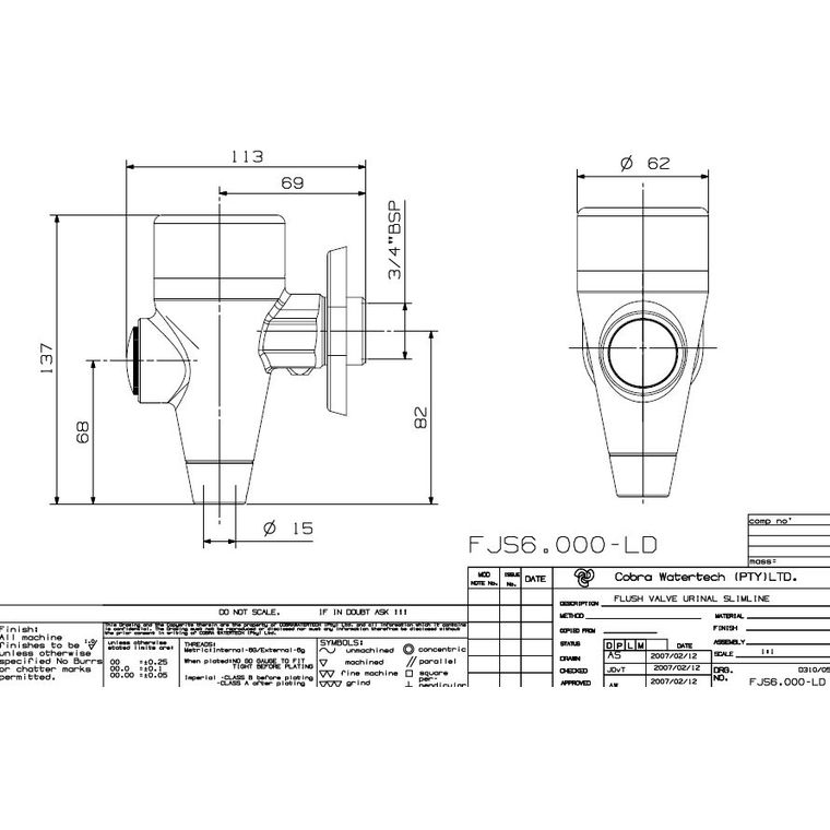 Valve Flush Cobra Flushmaster Junior FJ6000 Exposed for Urinal Chrome